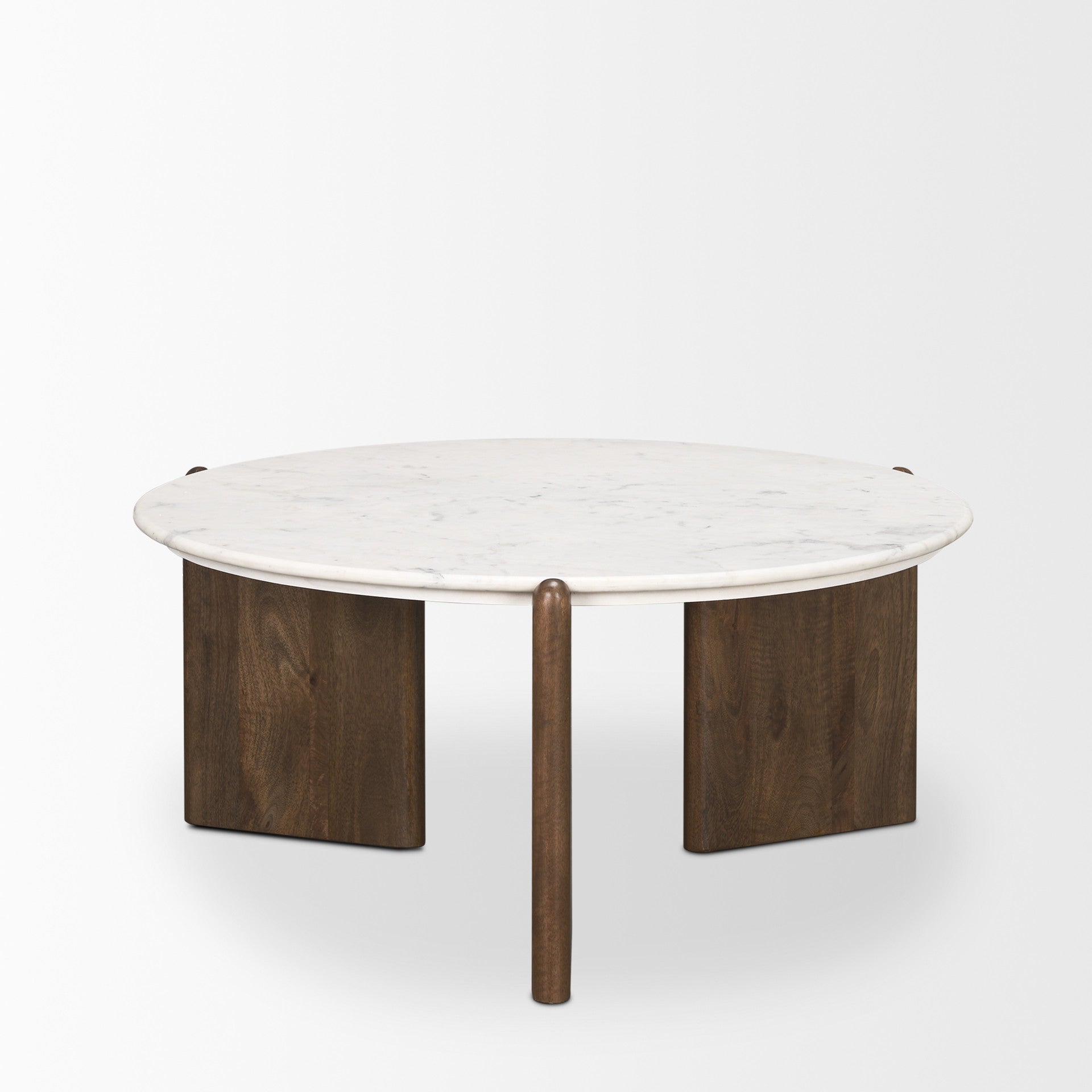 Round coffee table with white marble-look top and dark brown wood supports