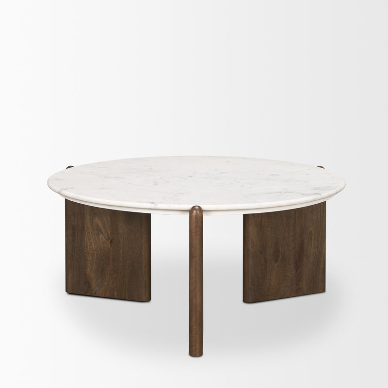 Round coffee table with white marble-look top and dark brown wood supports