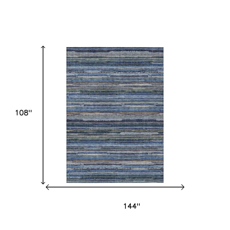 Blue and gray striped area rug shown for size, rectangular woven flat texture