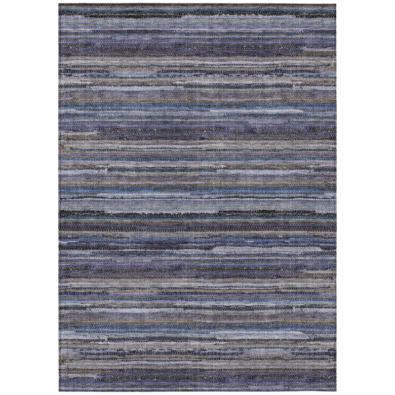 Striped washable indoor/outdoor area rug with blue, beige, and dark accents