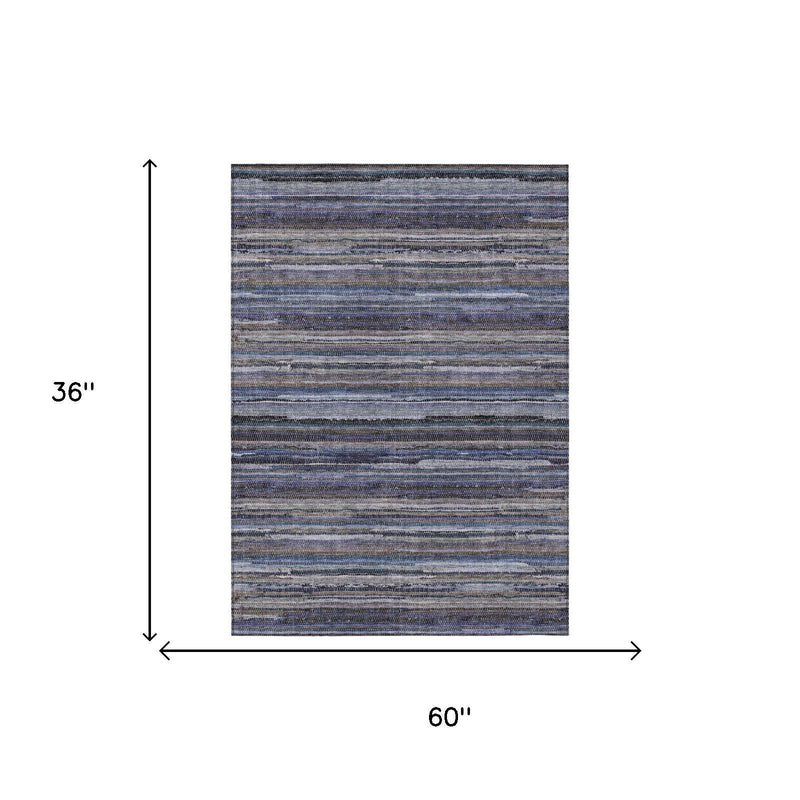 Striped 3 x 5 ft area rug, blue and beige horizontal lines