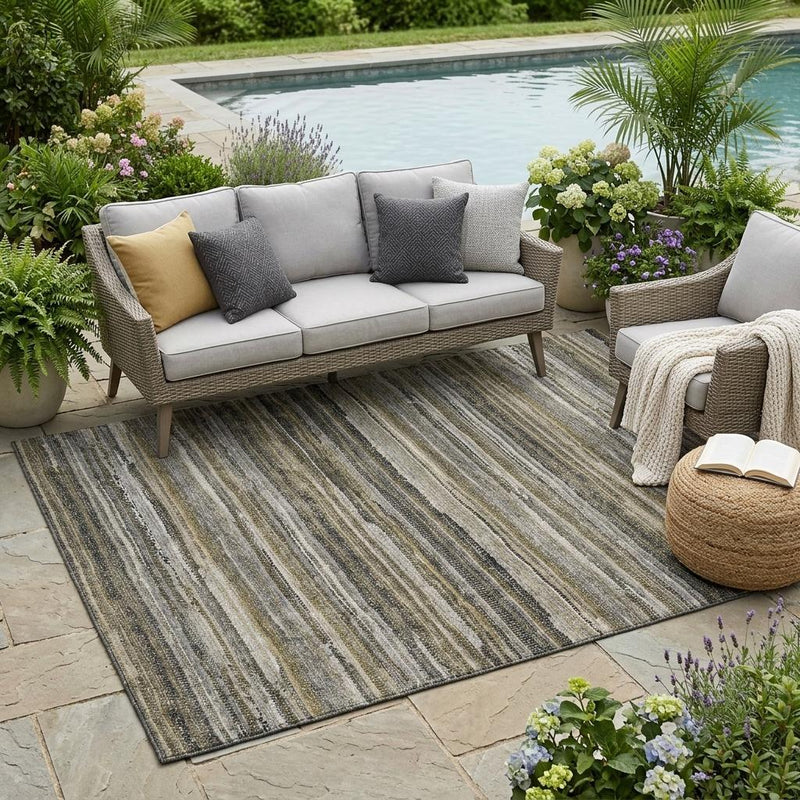 Pewter and gray striped area rug, rectangular, washable indoor/outdoor
