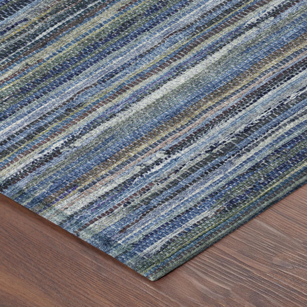 Blue and gray striped area rug corner view with textured woven surface.