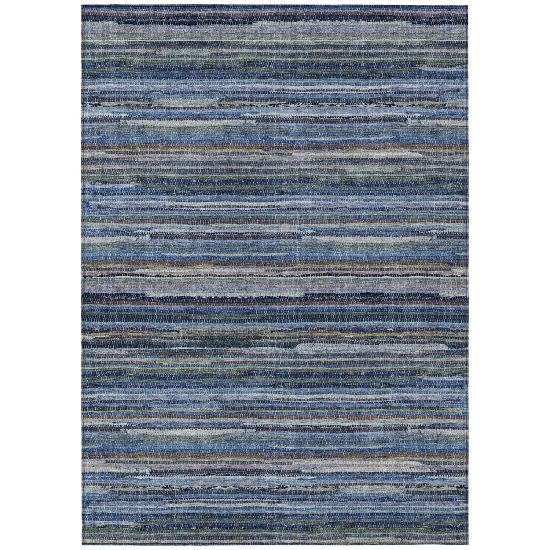 Rectangular blue and gray striped washable area rug with evenly spaced horizontal lines.