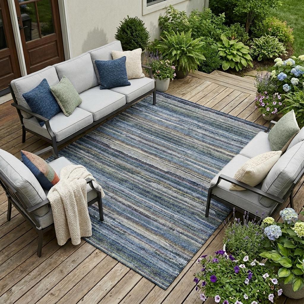 Blue and gray striped outdoor area rug placed under patio seating on wood deck.