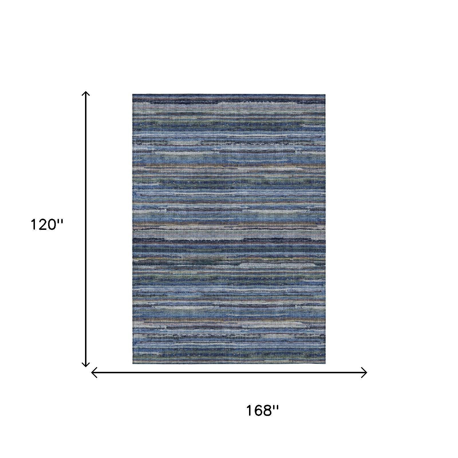 Blue and gray striped washable indoor/outdoor area rug with shown dimensions 168 x 120.