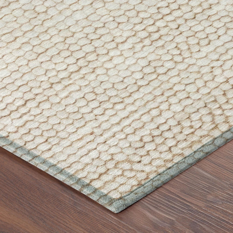 Corner of ivory round area rug with light backing