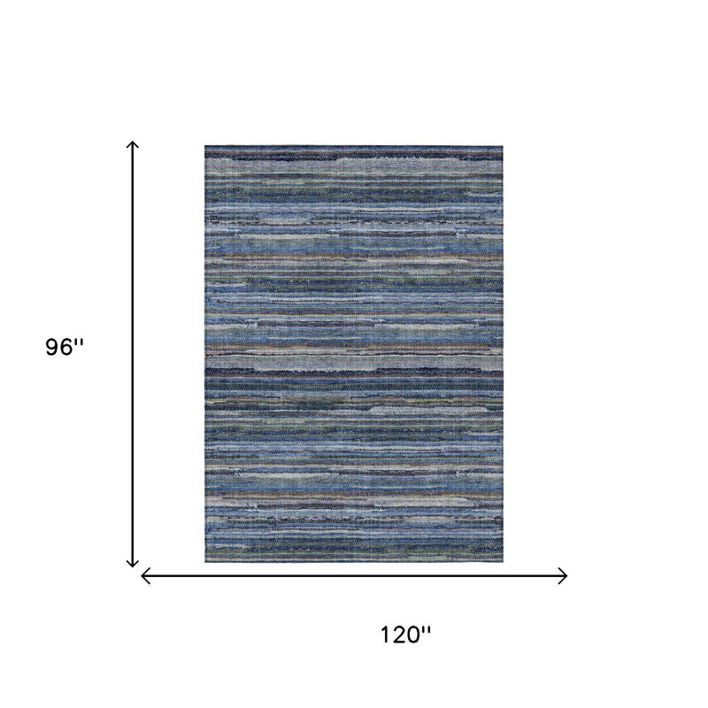 Blue and gray striped area rug, 96 x 120 in