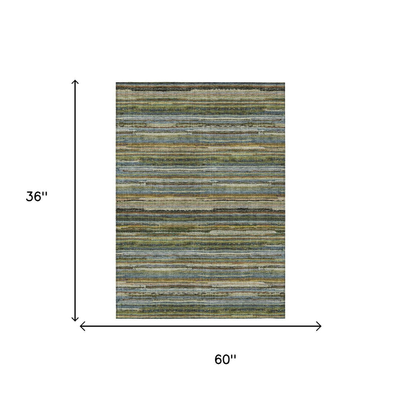 Rectangular striped rug, 60 in by 36 in, blue-green tan and black bands