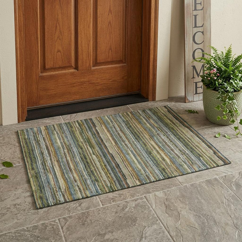 Striped area rug in blue and green with tan highlights, rectangular outdoor mat
