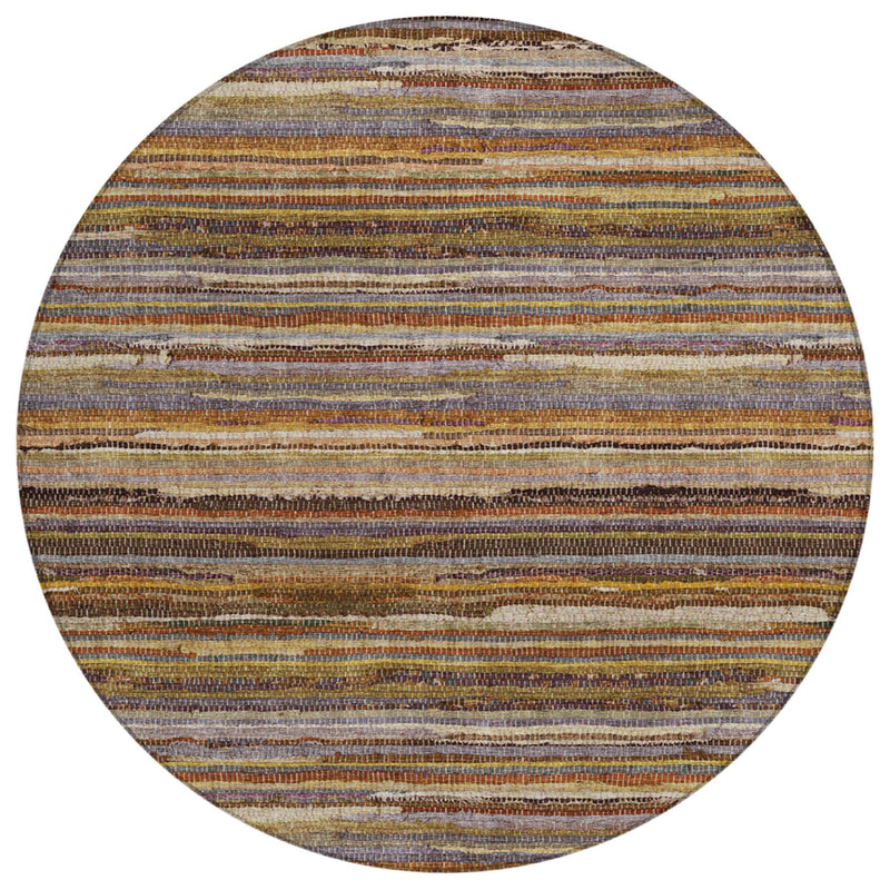 Round area rug center view with thin horizontal multicolor stripes and woven texture