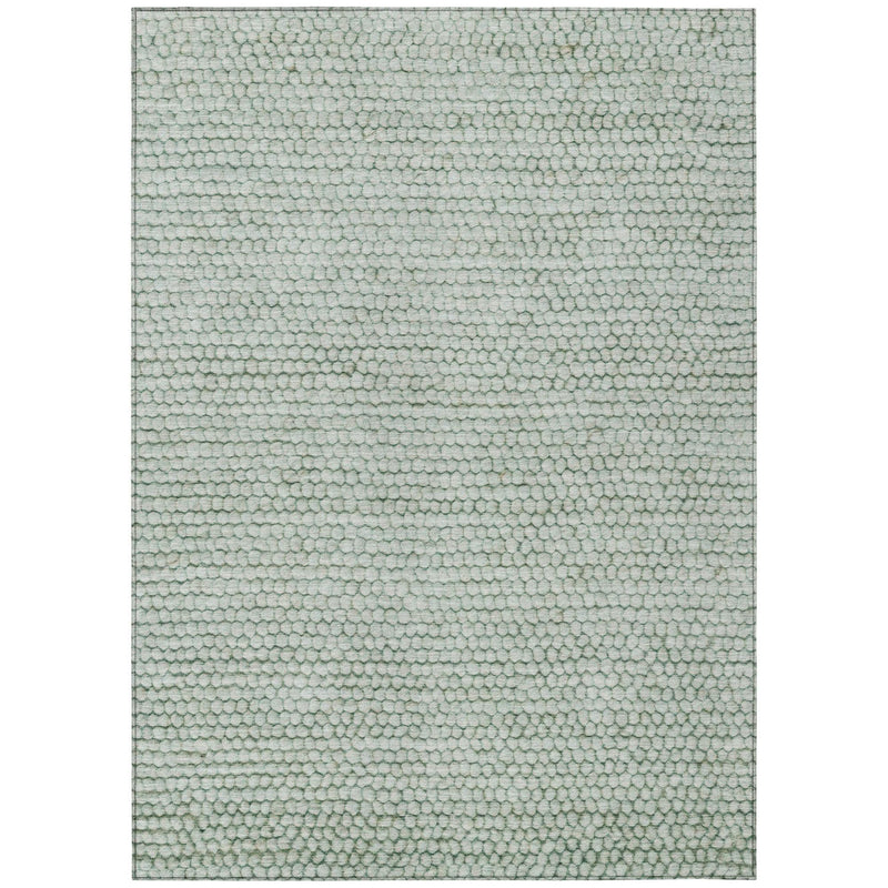 Textured green and blue area rug with small pebble-like pattern