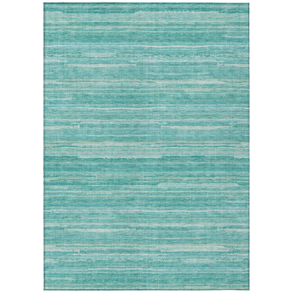 Teal and aqua striped area rug with thin horizontal textured lines, flat view