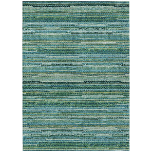 Washable striped area rug in teal blue and green with horizontal marled lines.
