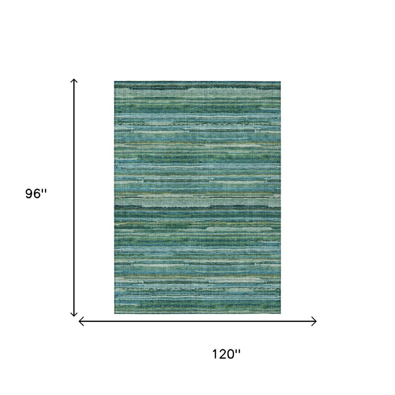 Teal blue and green striped washable area rug, shown as 8 ft x 10 ft.