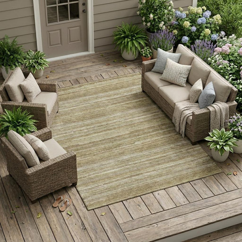 Indoor/outdoor area rug with tan base and brown horizontal stripe bands, flat-weave