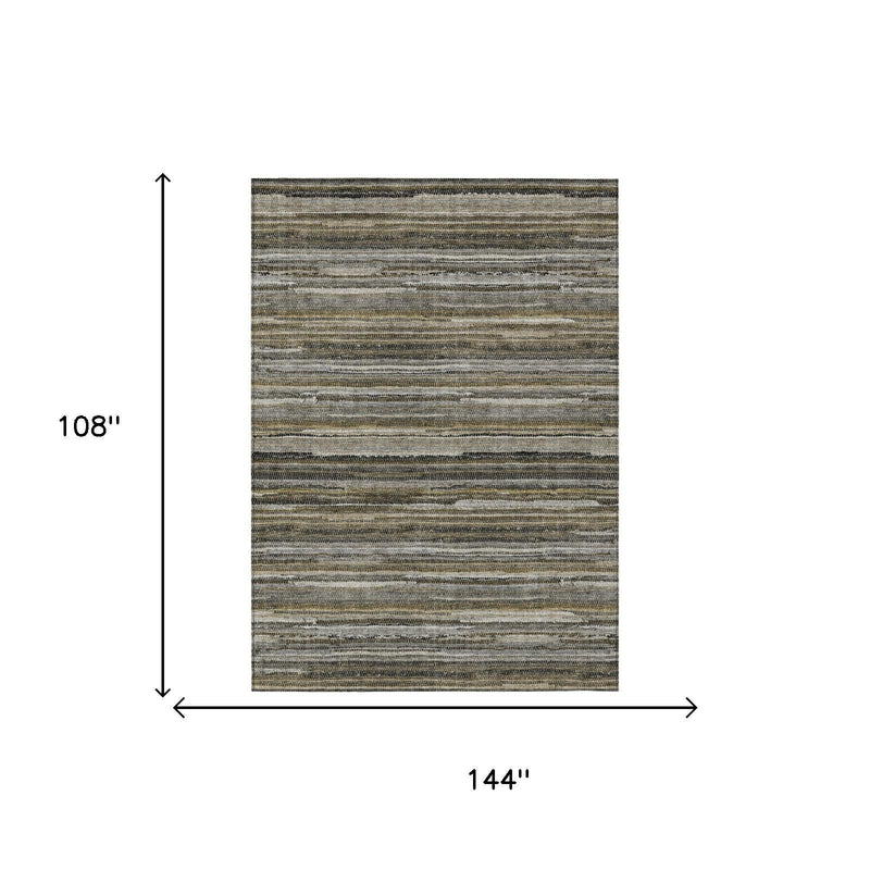 Pewter and gray striped area rug, 144 in by 108 in dimensions shown