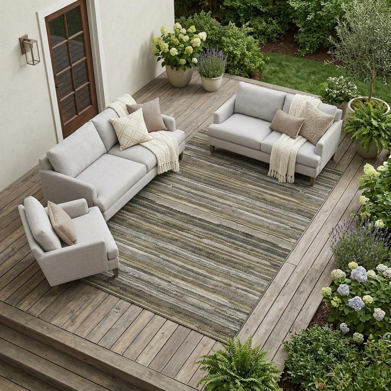 Pewter and gray striped area rug on an outdoor deck with visible woven texture