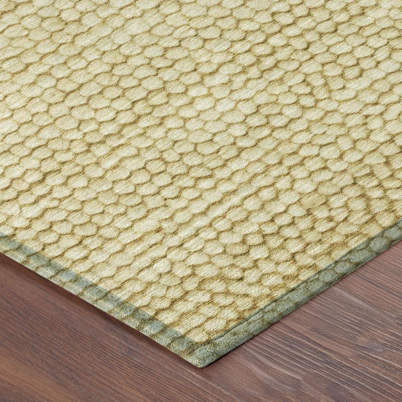 Corner of wheat gold area rug with textured loop pile and muted stripe border