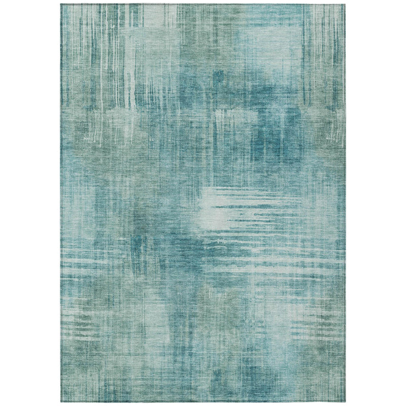 Teal blue abstract area rug with distressed blocks and thin stripe details