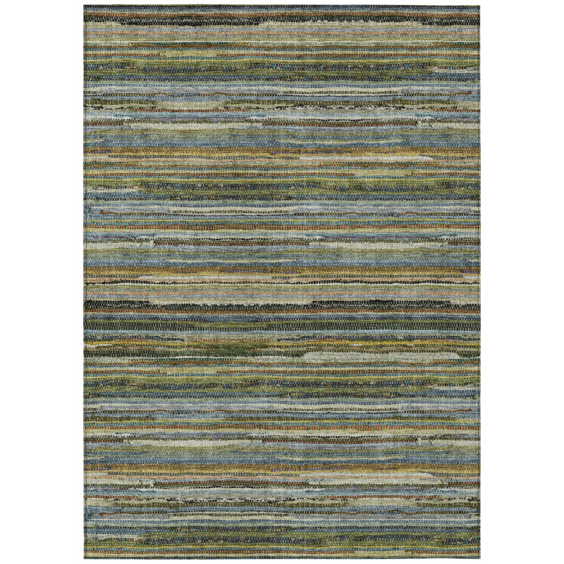 Rectangular striped area rug in blue, tan, green, and dark brown bands