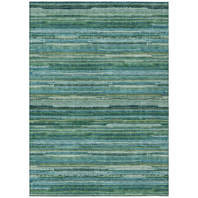 Teal and green striped rectangular area rug with dark border edges