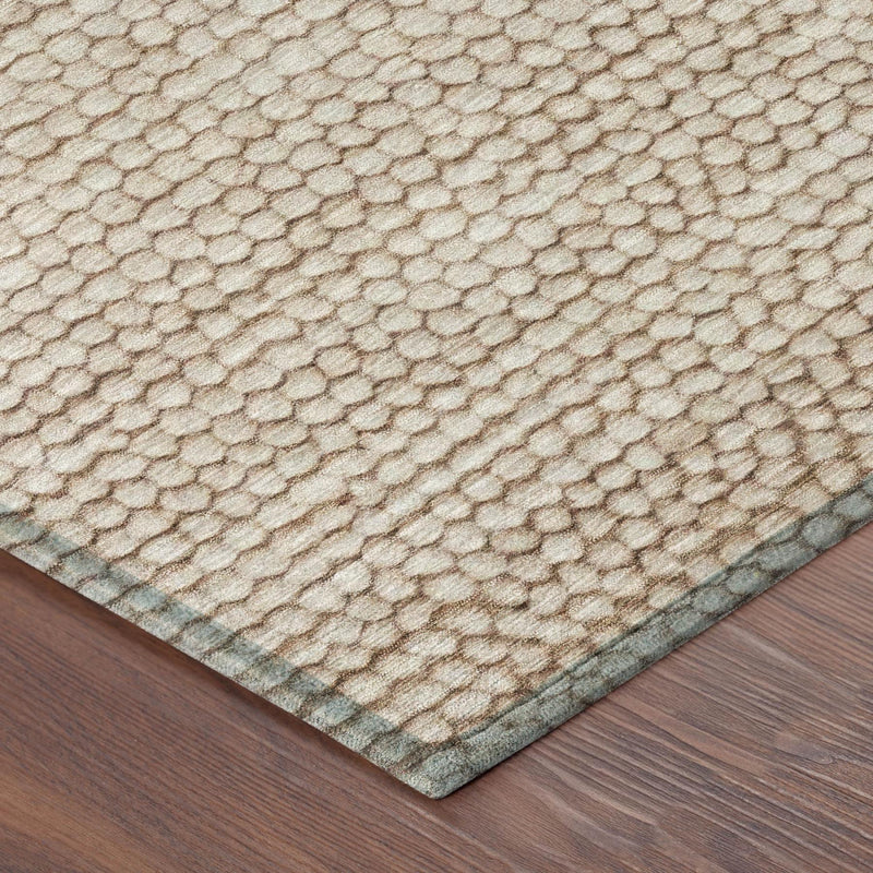 Beige and brown patterned area rug corner view with textured loop pile