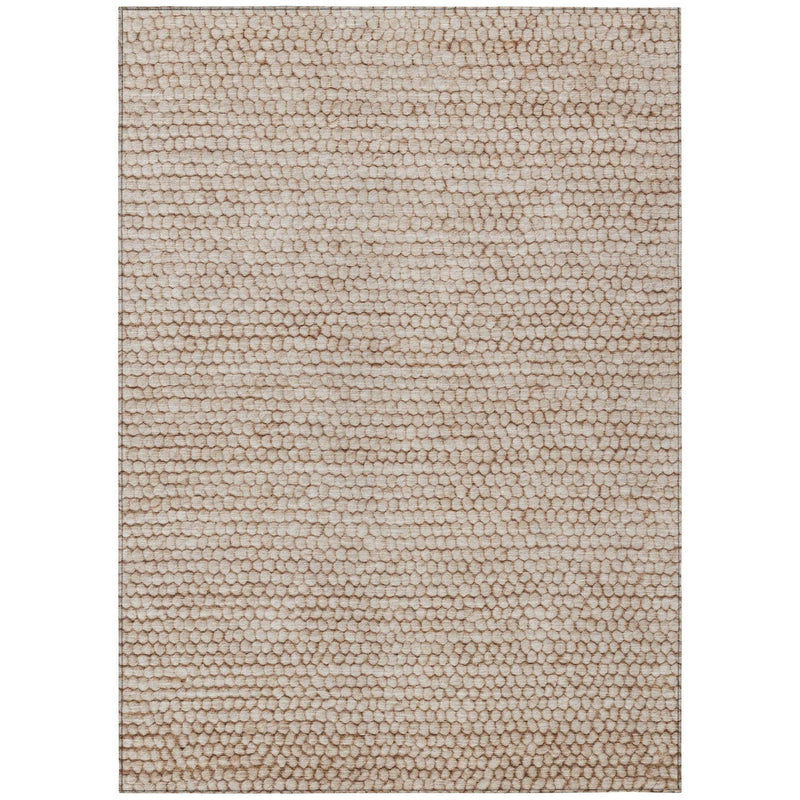 Beige area rug with textured loop pile and flat border, full view