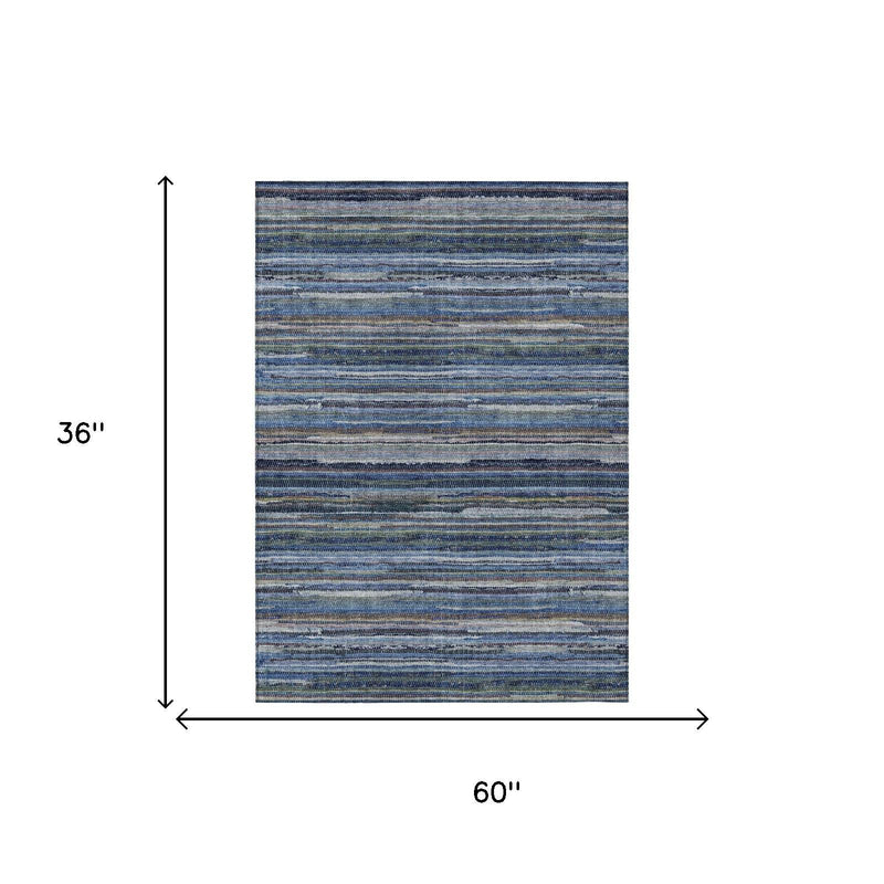 Blue and gray striped area rug with 36 in x 60 in dimensions