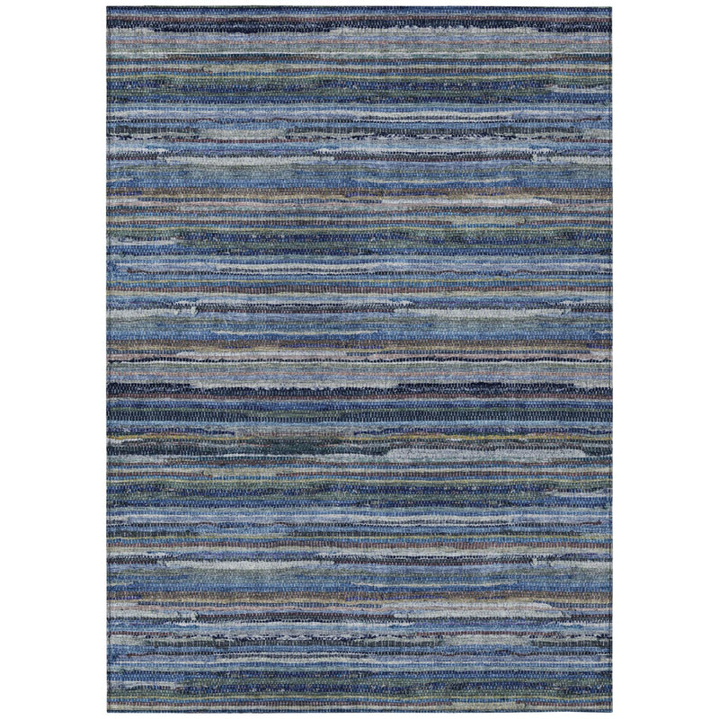 Blue and gray striped area rug, flat rectangle with darker edge border