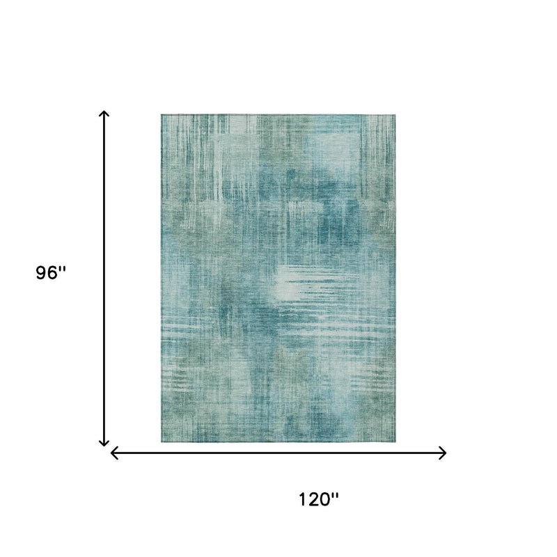 Teal and blue abstract area rug shown with 96 in by 120 in dimensions