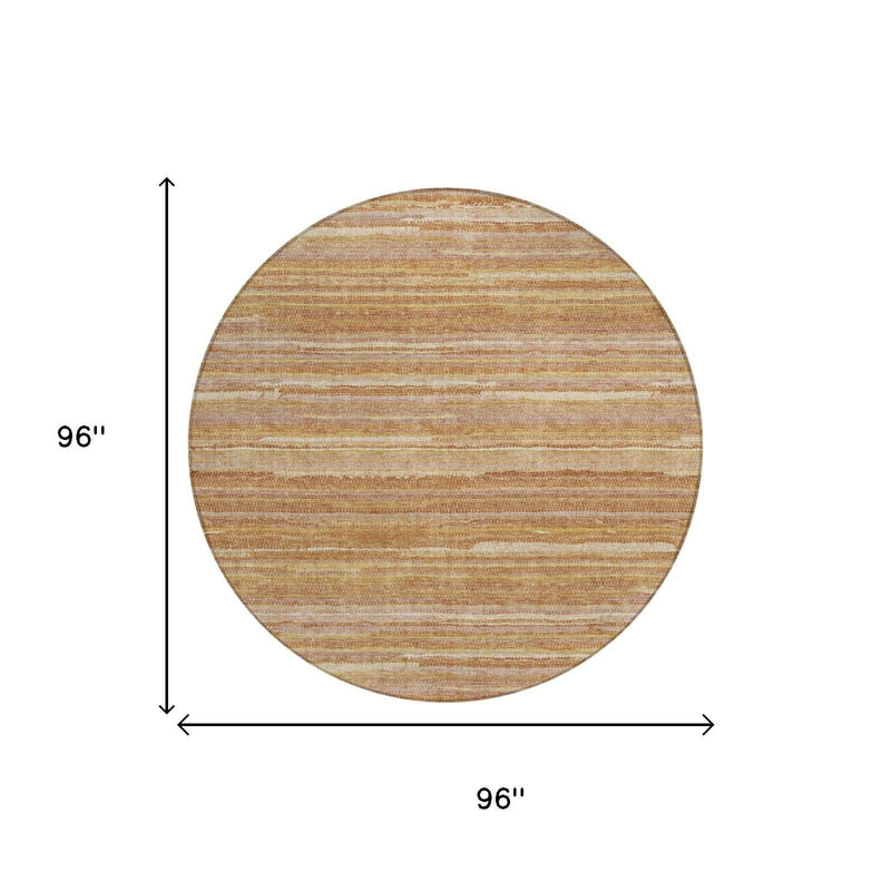 96-inch round striped area rug diagram with orange, copper, and cream horizontal bands