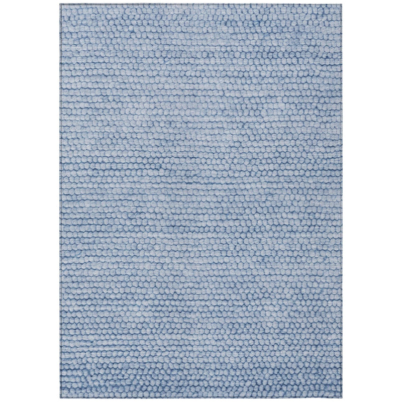 Blue washable indoor/outdoor area rug with textured pebble pattern, flat view