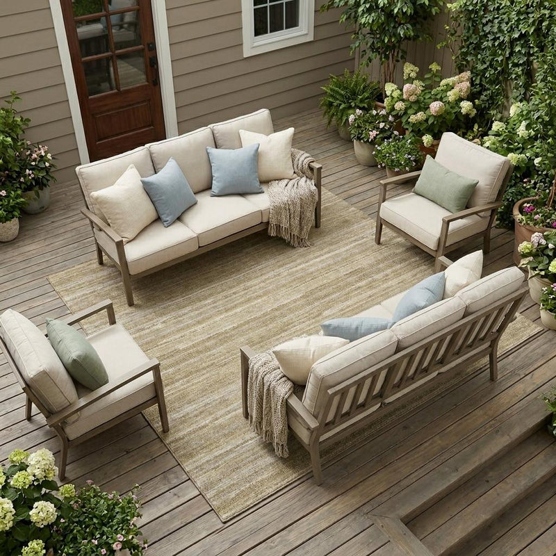 Tan and brown striped area rug with low, flat weave and textured pattern