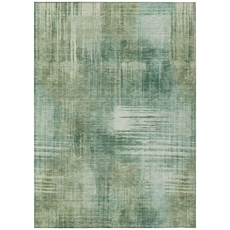 Fern green abstract area rug with mottled wash texture and distressed lines