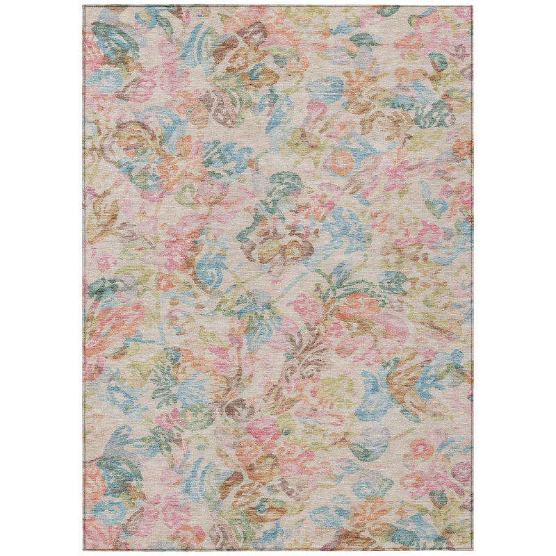 Rectangular pastel floral area rug with multicolor accents in pink, tan, blue, and green.