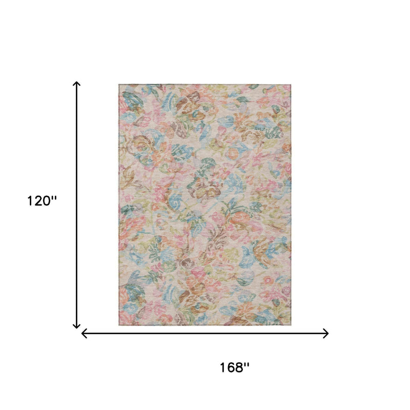 Pastel floral area rug shown with size diagram: 168 in wide and 120 in tall.