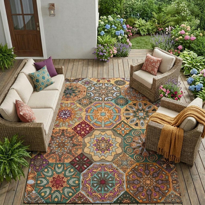 Multicolor ornate patchwork area rug with starburst medallion centered on porch