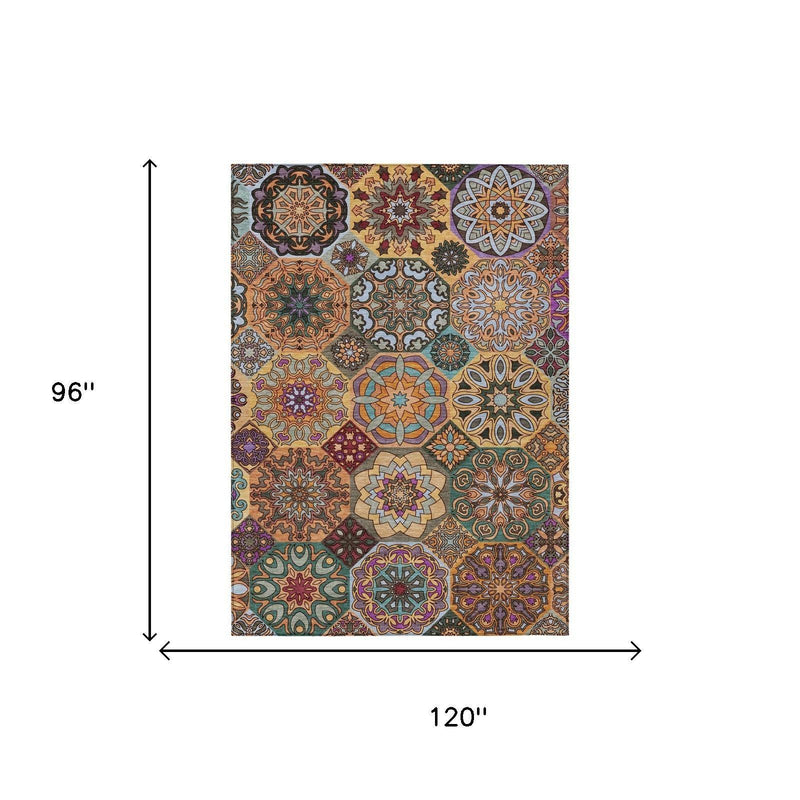 Rectangular area rug, 96x120 patchwork in orange and rust with multicolor medallions
