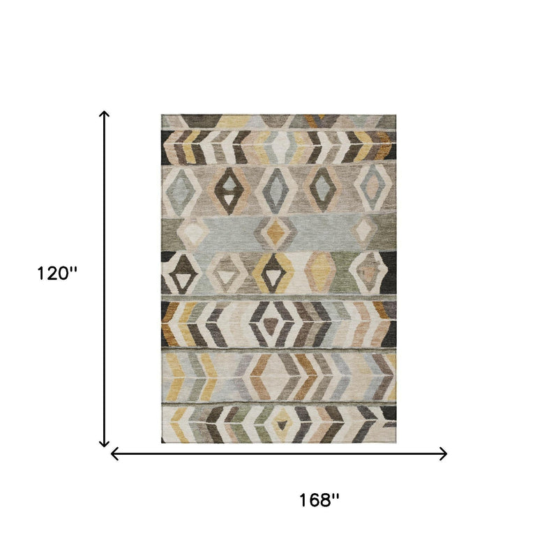 Rectangular 10' x 14' tribal area rug in gray and cream with muted yellow diamond pattern