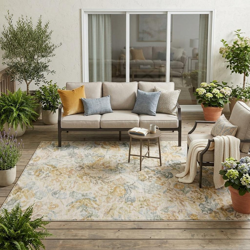 Floral area rug with wheat, gold, and muted blue motifs on a light ground