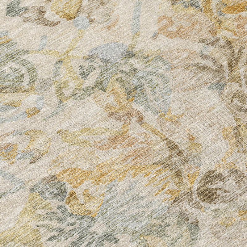 Floral area rug surface with wheat, gold, muted blue, and gray-toned details