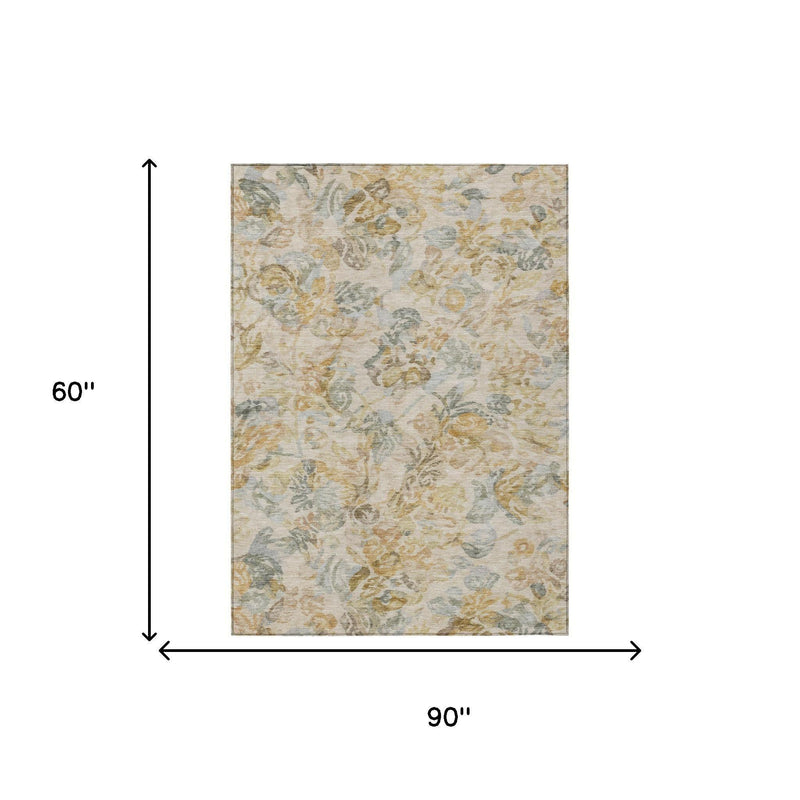 90 in x 60 in floral area rug, wheat and gold with muted blue accents