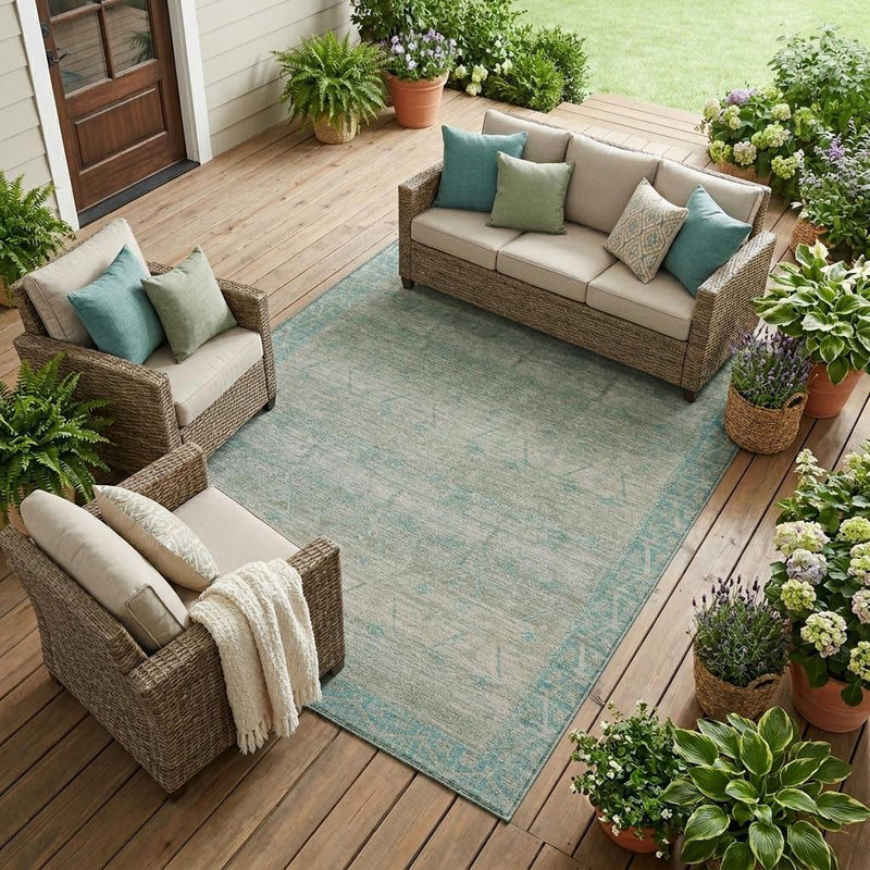 Teal and pewter tribal area rug laid outdoors under patio seating