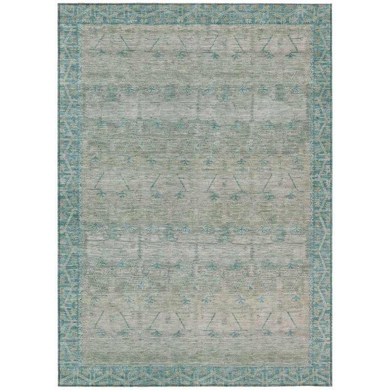 Teal blue and pewter tribal area rug with border and geometric motif