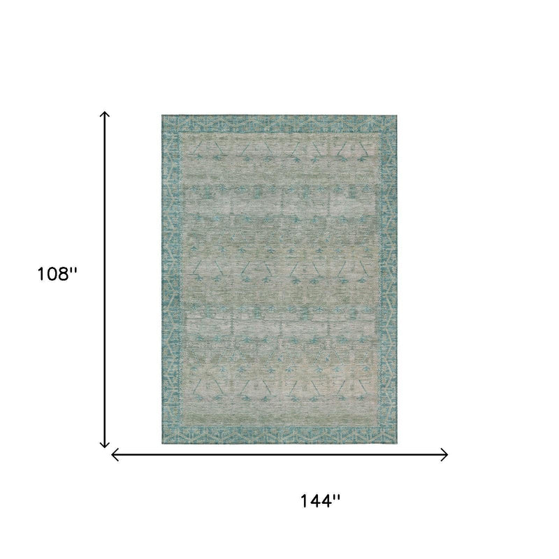 Rectangular teal and pewter tribal area rug, 108 in x 144 in