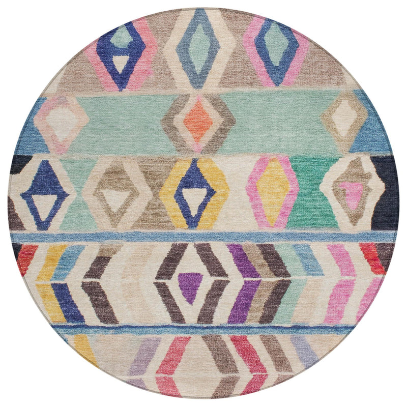 Round area rug top view with pastel multicolor geometric motif bands on light beige base
