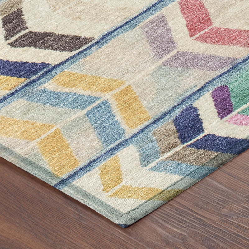 Corner view of round area rug with light beige tribal blocks and blue edge trim
