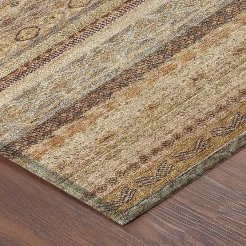 Close-up of textured area rug with tan, brown, and blue striped pattern