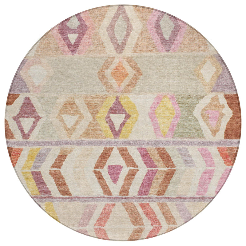 Round area rug, cream with orange-copper and pink tribal diamonds, bordered band